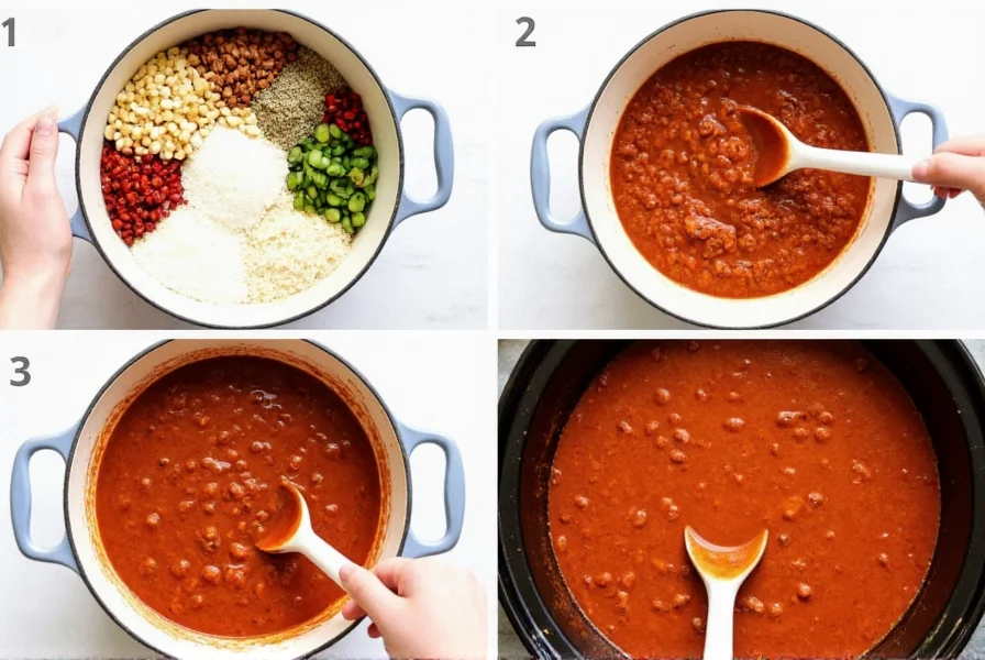 Step-by-step preparation of homemade chili showing ingredients in bowls and cooking process