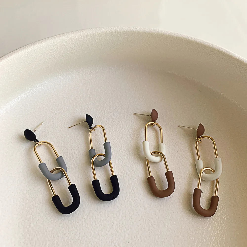 

JUHU S925 silver needle Geometric retro paper clip earrings female minority color contrast temperament drop earrings wholesale, Gold