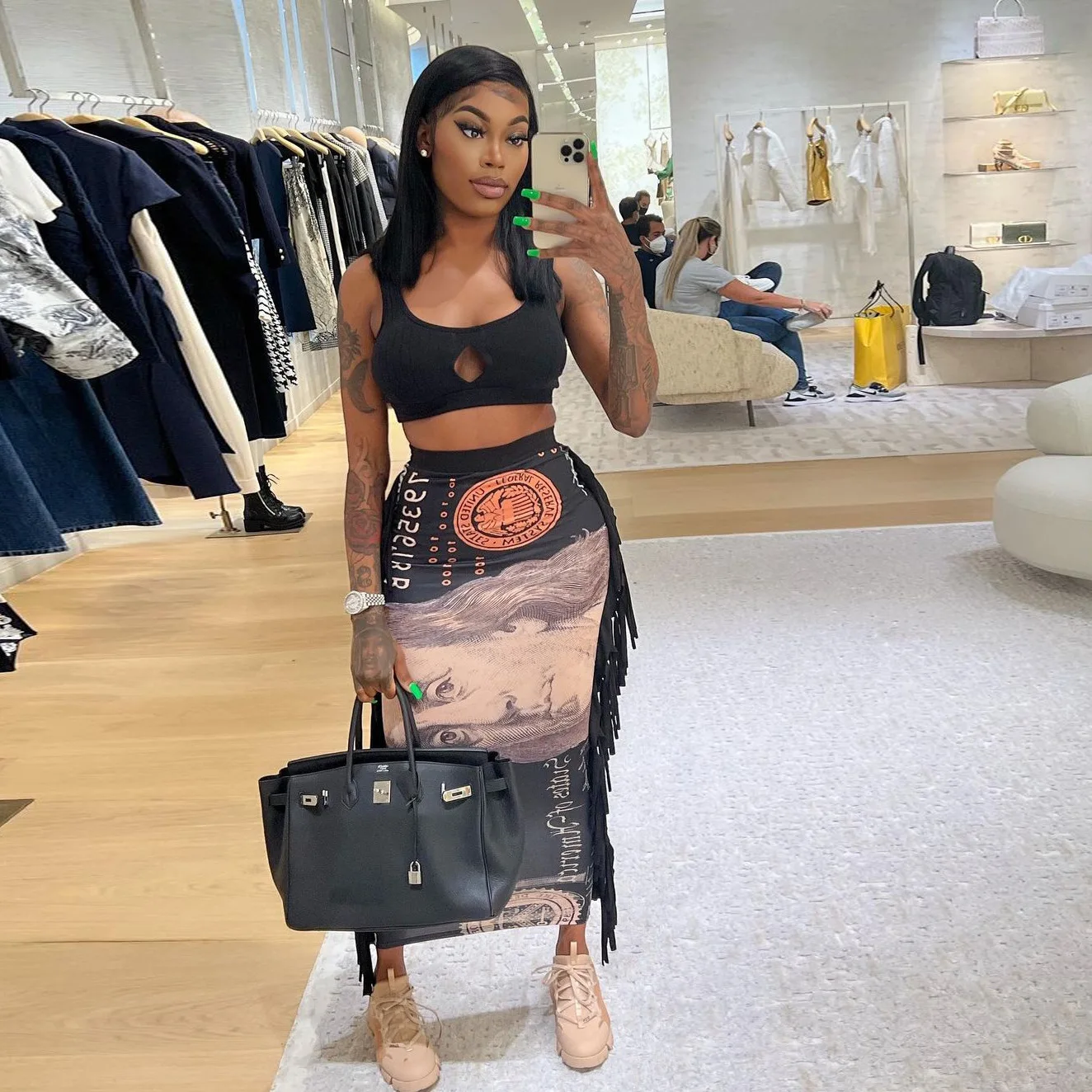

2022 New Arrivals Dollar Print High Waist Slim Skirts Spring Summer Streetwear Ladies Skirts Women Sexy Tassel Long Print Skirt, Picture color