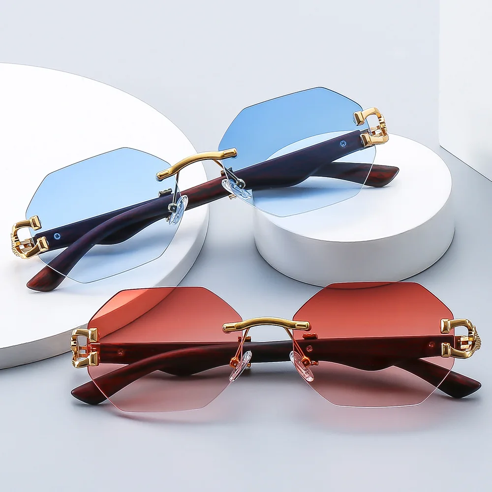 

40060Blue Rimless Rectangle Sunglasses Men 2023 Brand Design Metal Fashion Sun Glasses For Women Gradient Lens Frameless UV400