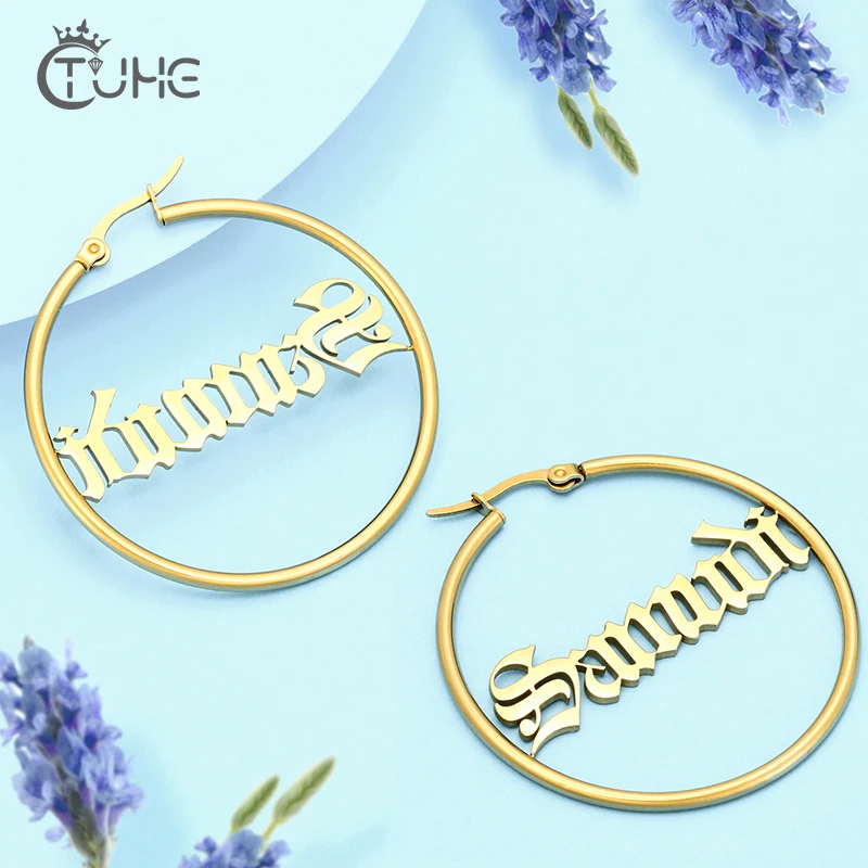 

Drop Shipping Whosale Inspired Channel Earring Woman Round Gold Old English Custom Big Hoop Letter Initial Personalized Name Earrings, White gold