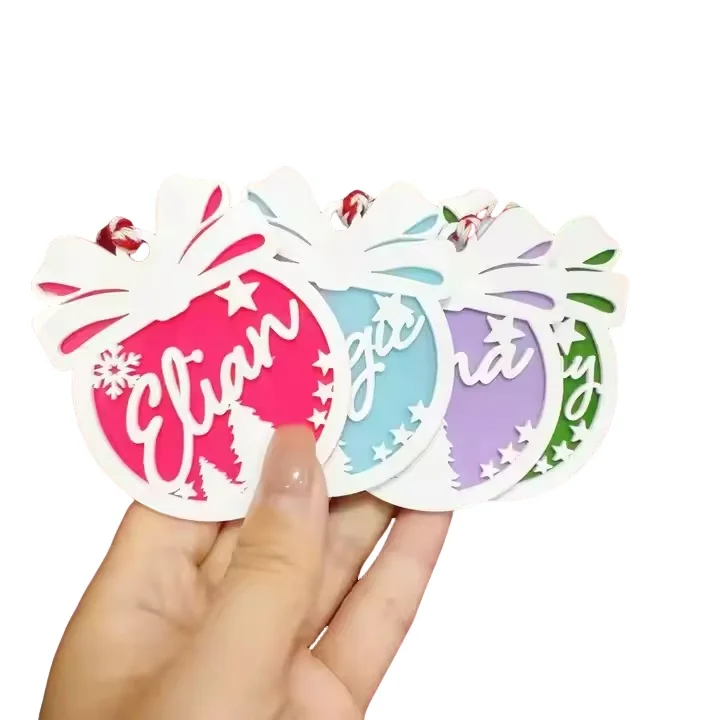 Custom Acrylic Bow and Round Name Decorations Pendant for Christmas Tree
