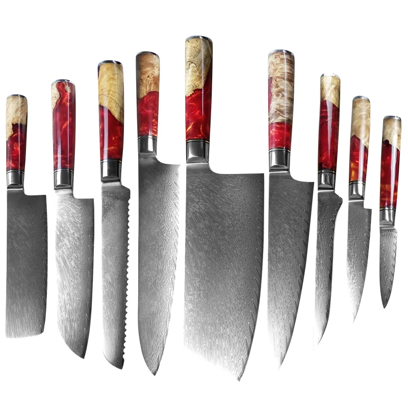 

Factory price custom damascus steel stylish red handle kitchen tools fillet cabbage cutting chef Japanese knife set