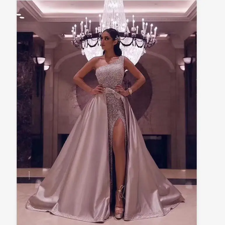 

One Shoulder Zipper Pink Sequins Beading Bridesmaid Evening Umbrella Fashion Dress