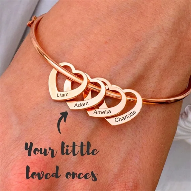 

Stainless Steel Bangle Letter Personalized Bracelets with Hearts Customized Engraved 1-9 Names Custom bracelet, Rose gold, silver, gold