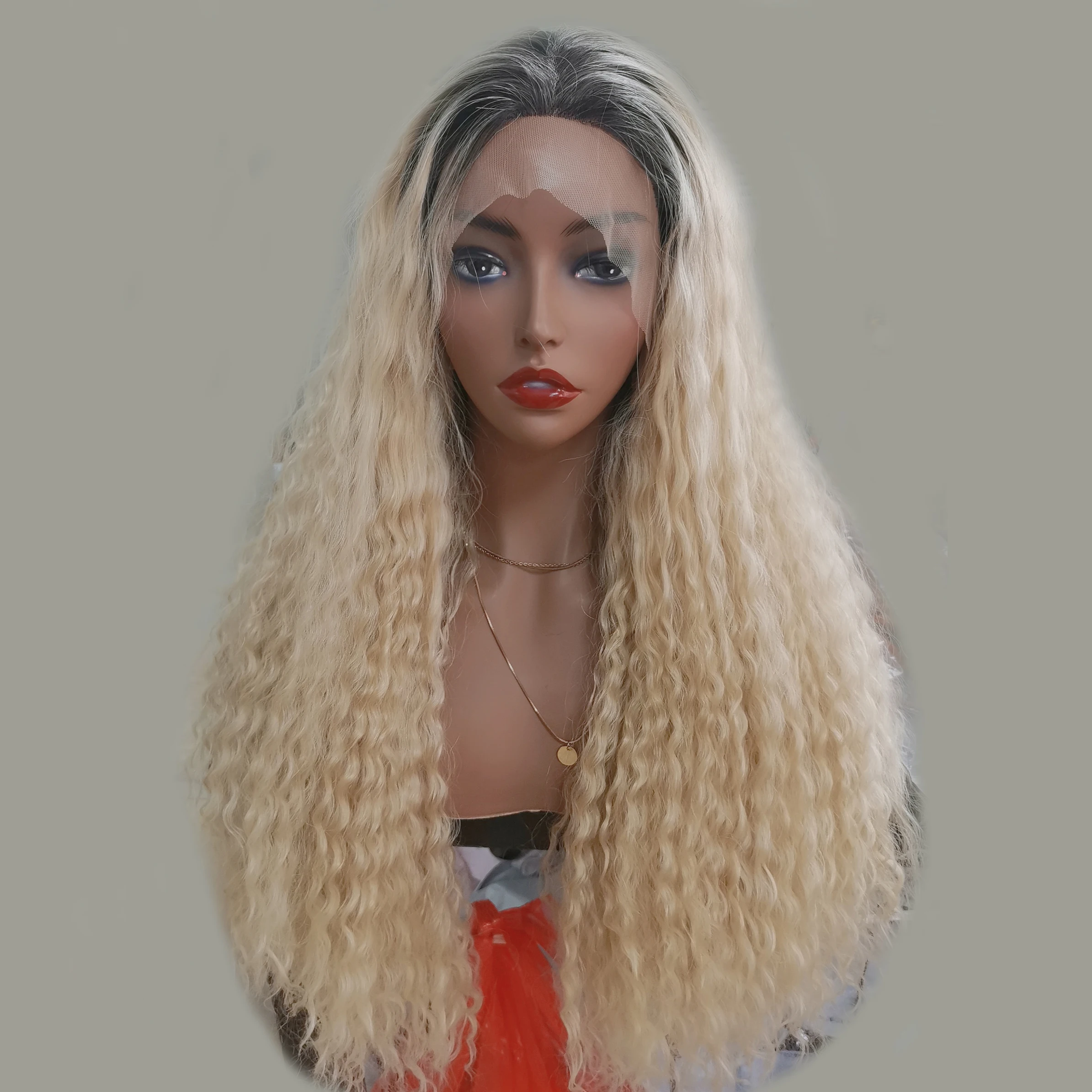 

Blonde 613 Ombre Black Roots Curly Synthetic Lace Front Wig Full Density Glueless Heat Resistant Hair Drag Queen Halloween