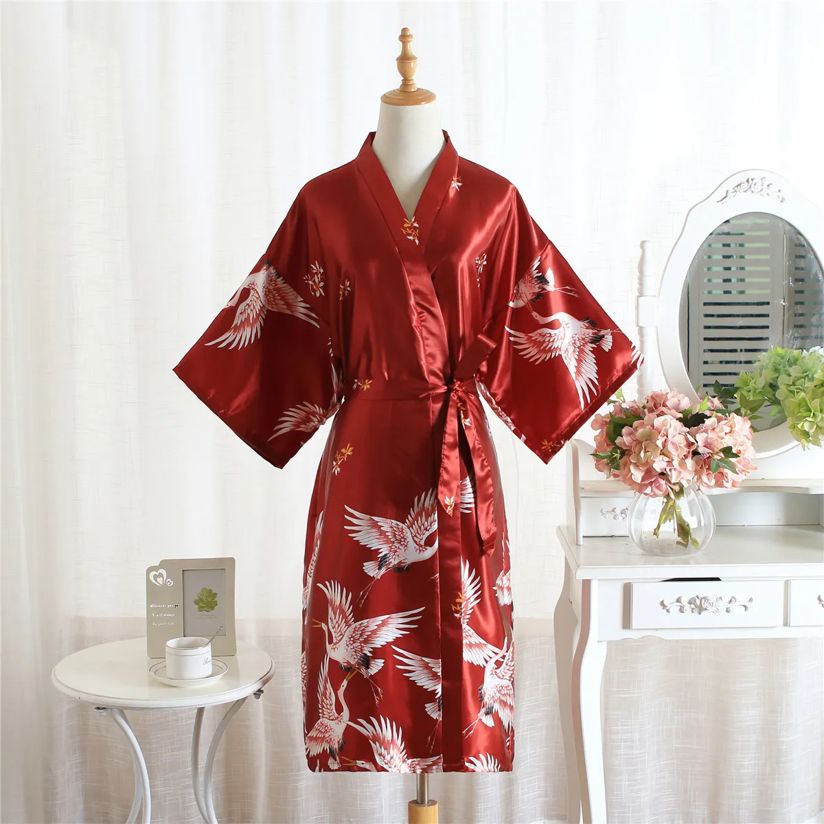 

Trebdy Women Luxury Floral Satin Print Silk Bride Robes Red Long Robes Sleepwear Wedding Robes For Bride Bridesmaids, Picture shows