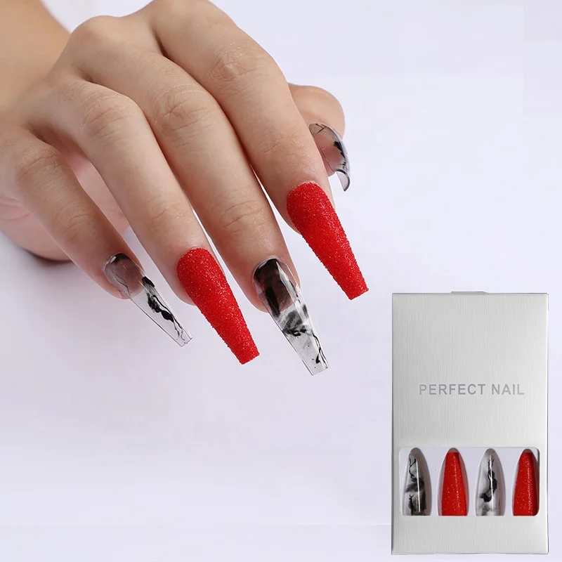 

24pcs/Box 2021 Newest Frunch Wearing Ballet False Nails Black and Red Ink Painting Nail Patches Press on Nails, Picture