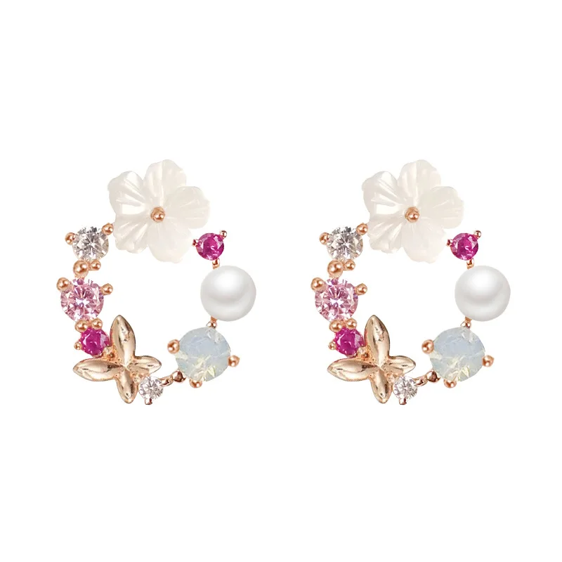 

Korean 925 silver needle sweet color wreath earrings flower color diamond petal earrings shell earrings