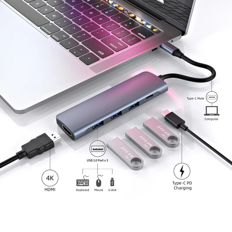 

New products 5 in 1 3.1 USB C Type C docking Usb Hub 4K For Macbook, Sapce gray