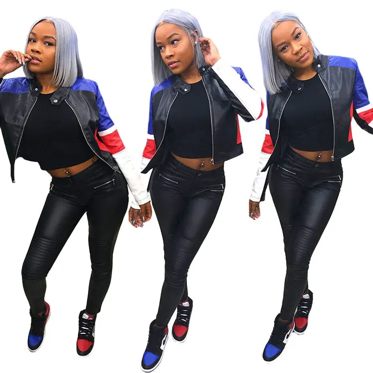 

21020-SW37 contrast color short PU leather plus size coats for women sehe fashion, 1 colors