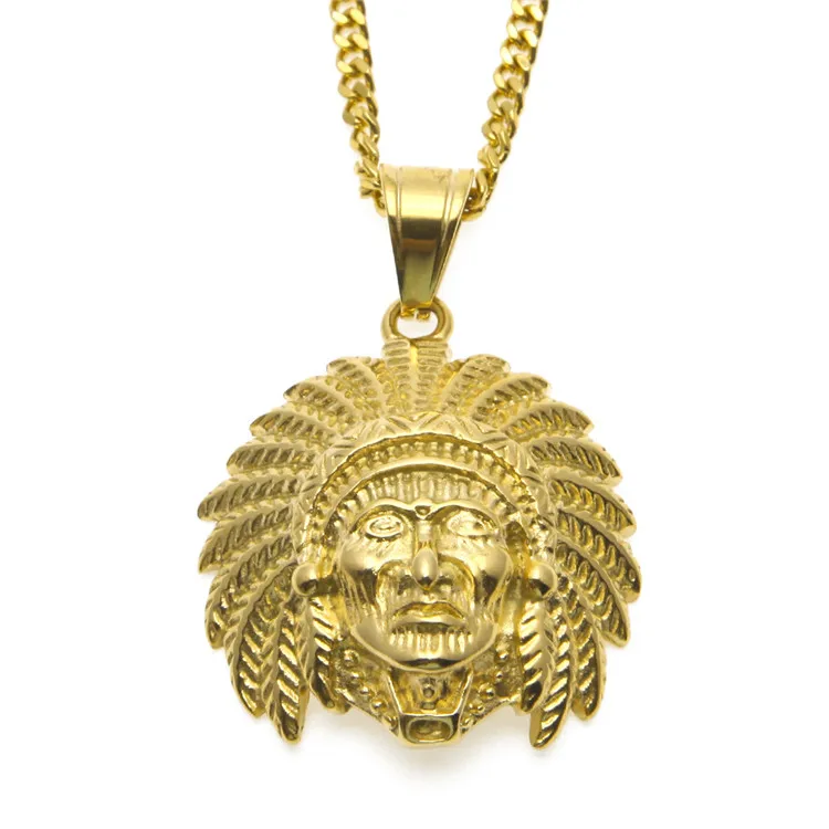 

Ruigang European Fashion Punk Jewelry Hips Hops 18K Gold Plated Indian Tribe Chief Head Pendant Necklace