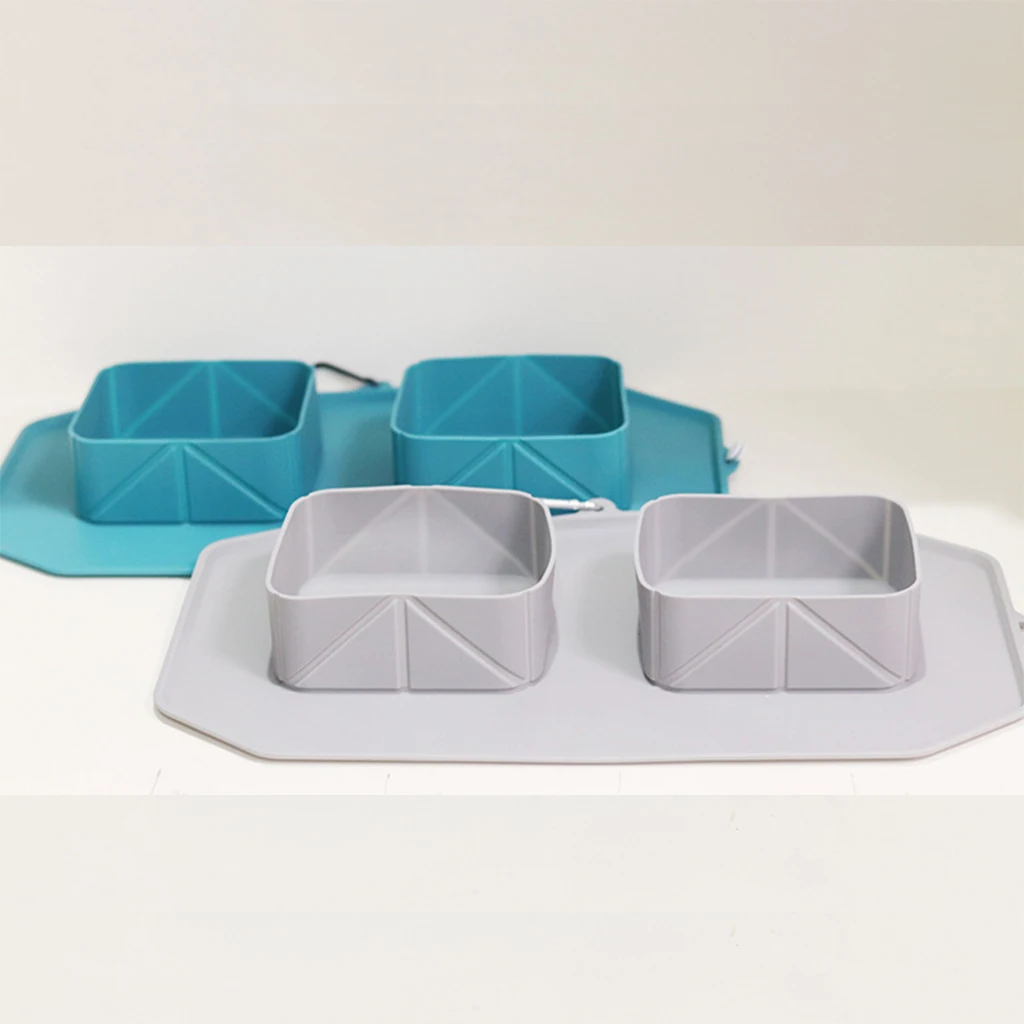 

Pet travel bowls collapsible cups and silicone Roll Up Mat, Gray,sky blue