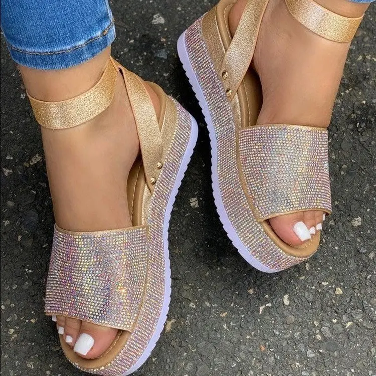 

2021 Summer Autumn Bling Rhinestone Buckle Women's Slingback Shoes Platform Sandals With Diamonds, As picture