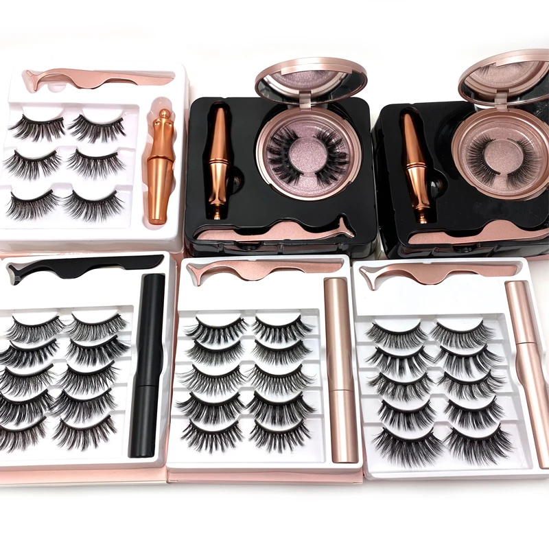 

3d Magnetic False Eyelashes With Lash Packaging Box Eyelash Eyeliner Kit 5 Magnets Magnetic Eyelashes, Natural black color