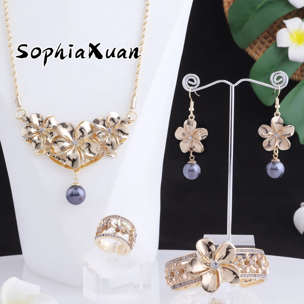 

SophiaXuan Samoan Dropship Gold Plated Rings Polynesian Jewelry Set Flower Bracelet Earrings hawaiian decoration set Wholesale, Picture shows