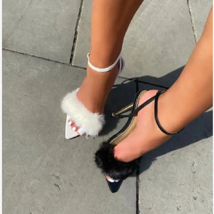 

W 2021 new arrival women nightclub party highstreet outdoor thin heels sandals feather cross strap rome high heels, White black pink or customized