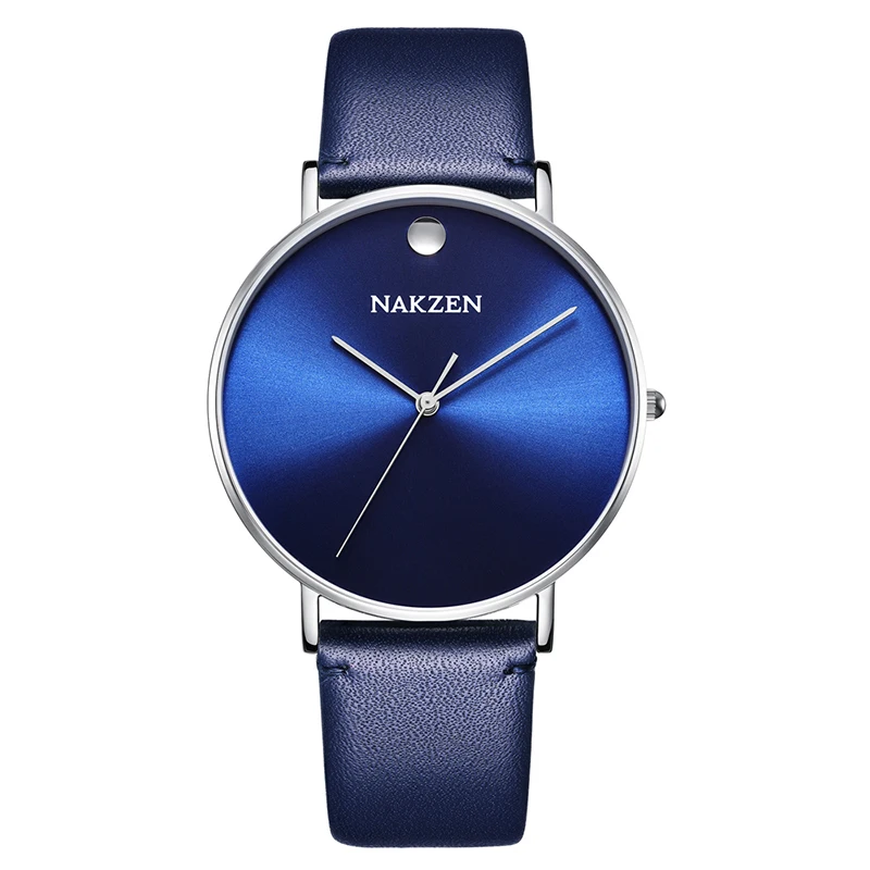 

hot navy blue dial leather wristwatch nakzen brand watches men montre de luxe homme japan movt quartz watch stainless steel back