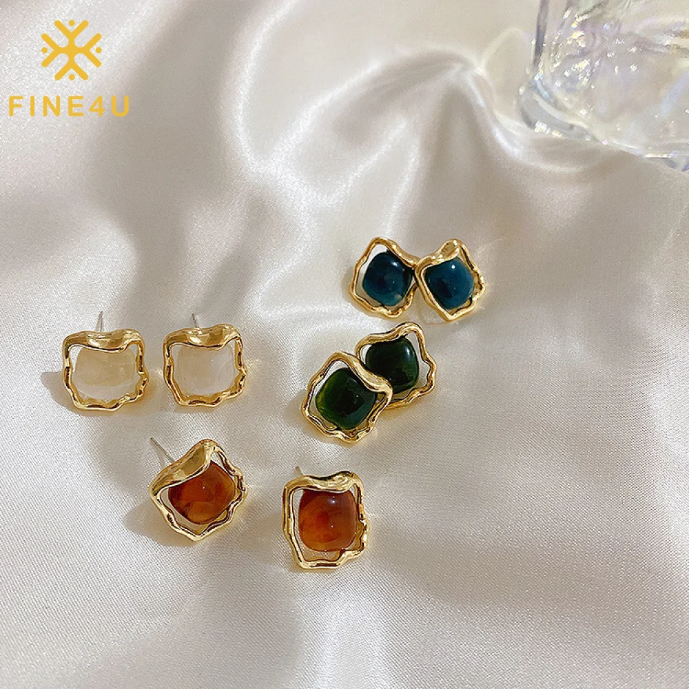 

Vintage Korean women fashion jewelry gold plated irregular acrylic resin earrings