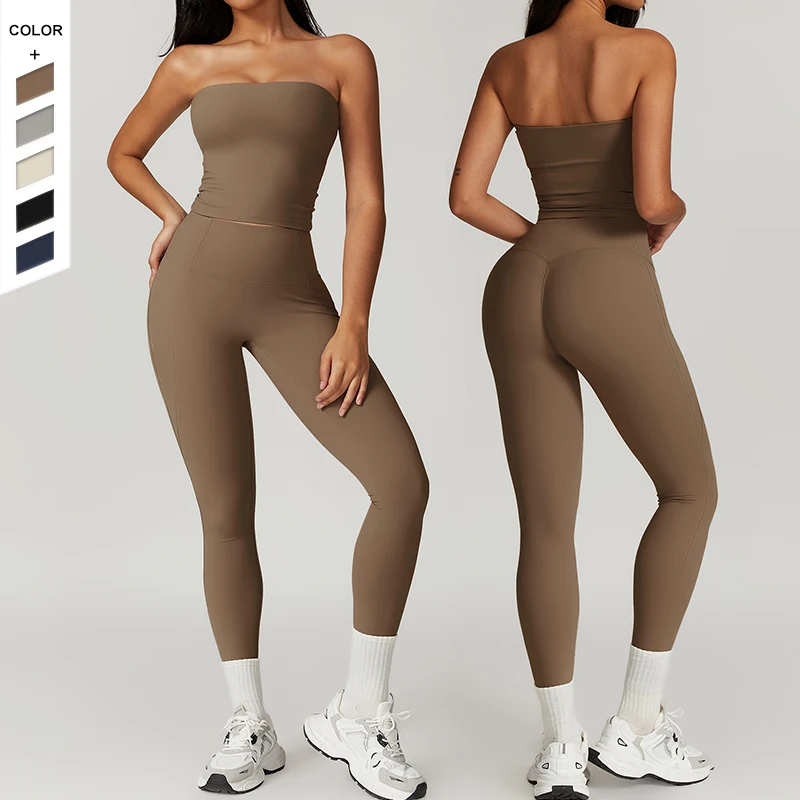 Wholesale Four-dimensional Elastic Suit Slimming Strapless Pleated Peach Leggings Running Workout Set