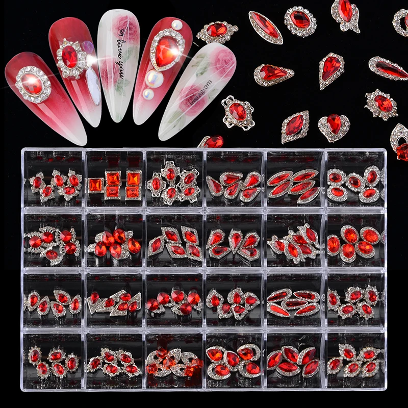 

Popular 3D Flatback K9 Ab Red Color Nail Art Rhinestones Crystal Charms Gem Box Set For Nails, Colorful