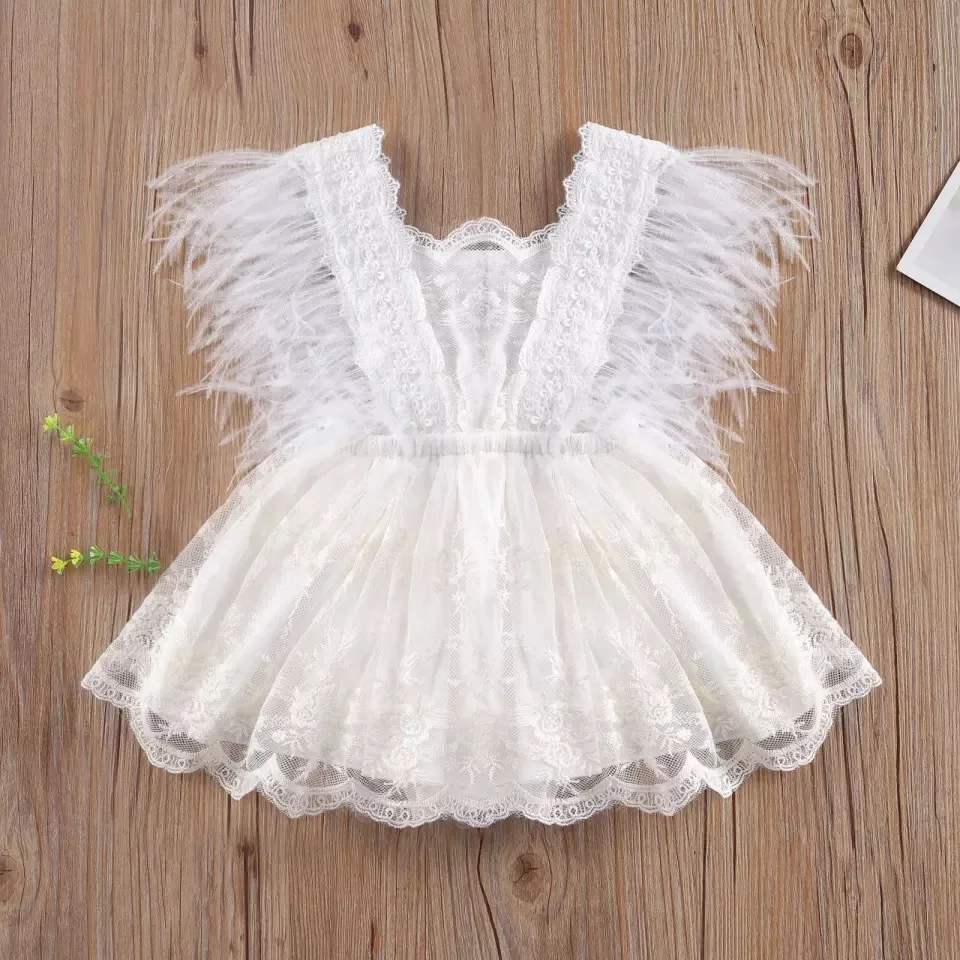 

Infant Baby Girls Lace Embroidery Romper Dress kids backless summer bodysuit Baby Feathers Fly Sleeve Backless White Jumpsuit