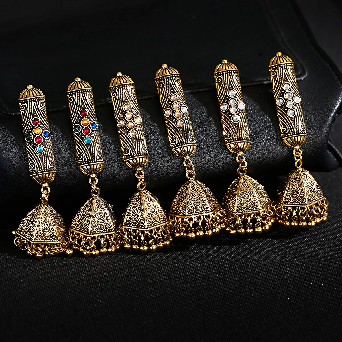 

Vintage Bohemian Ethnic Jewelry Women Drop Bell Gemstone Long Strip jhumki Earring Gypsy Jewelry, Multi-color