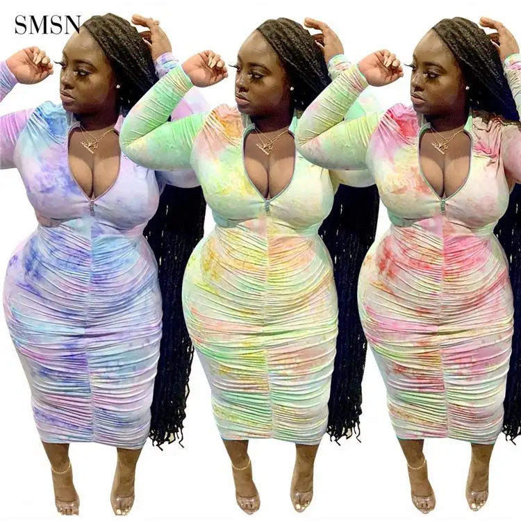 

QueenMoen Plus Size Dress Casual Long Sleeve Zipper Collar Tie Dye Print Women Plus Size Fall Women Clothing Pleated Fold Dress