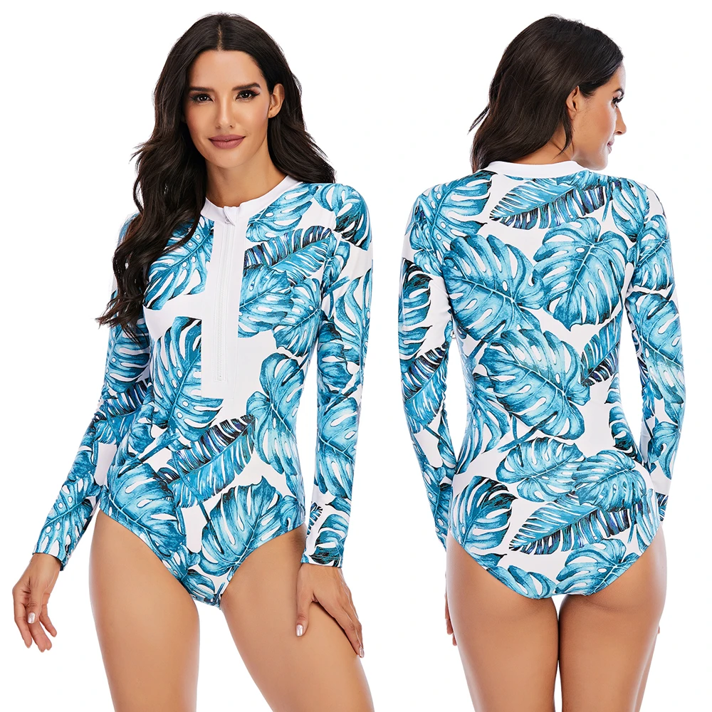 

JSN1101 One Piece Swimsuit Bathing Suit 2021 Leave Print Swimsuit One-piece Bikini Surfing Long Sleeve Swimwear Women