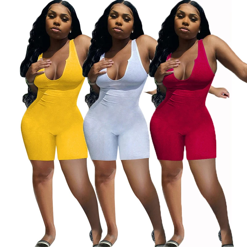 

Summer Solid Color Knitwear Women Shorts V Neck Vest Short Jumpsuit Women 2021 Vendaje Mono Mujer