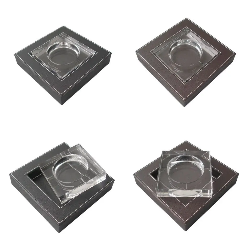 

Luxury Crystal Ashtray Custom Logo glass Quartz Stone Ashtray Outside Cover PU Leather Ashtray for Cigar, Black