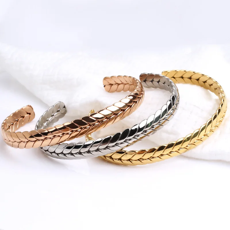 

G2107 PVD 18K Gold Plated Stainless Steel Jewelry Weave Braided Wholesale Opening Bracelets Gift for Women Wheat Cuff Bangles