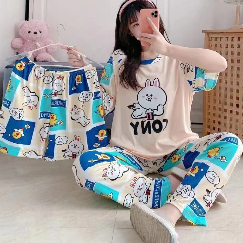 

New Women Home Wear fresh student home service thin trousers Cartoon cotton Leisure Loose short-sleeved three piece pajama set, Multiple colour