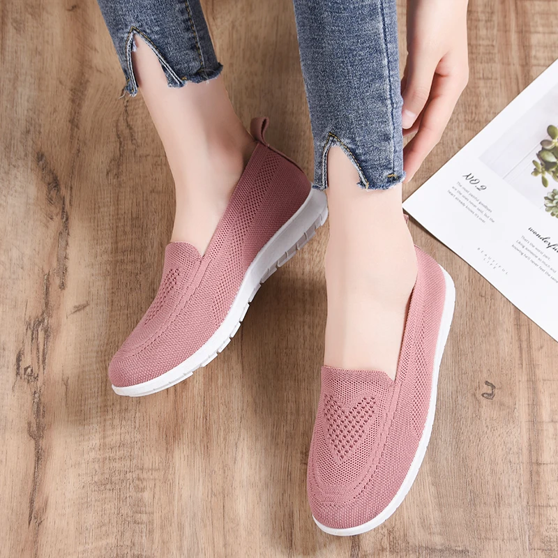 

F14 Knit Sporty Slip-On Casual Shoes Women Sneaker Big Boat Shoes woman flat sandals, Black