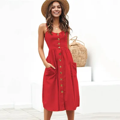 

New Fashion Summer Women Solid Color Button Strap Dress Casual Irregular Hem Beach Dress Midi