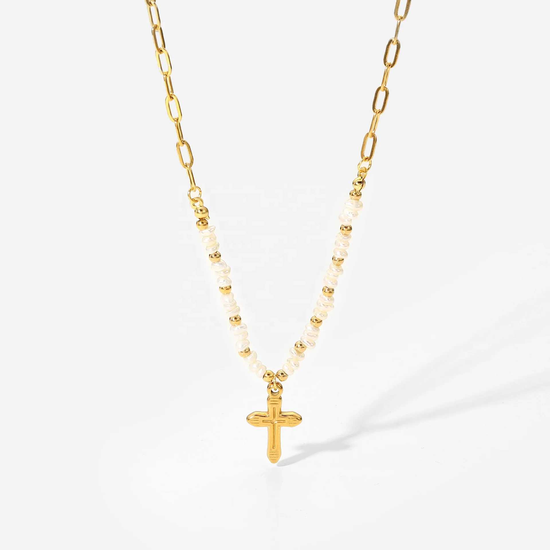 Stainless Steel 18K Gold Plated Cross Pearl Patchwork Link Chain Necklace for Women-Wedding Engagement Gift