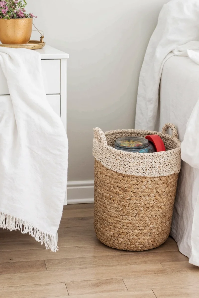 IKEA classic wicker bin used for cord management