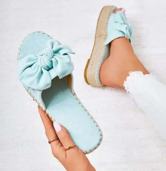 

Summer Women's Fashion Suede Bow Flat Heel Slippers Peep Toe Slip-On Mules Espadrilles Slides 2020 platform sandals women