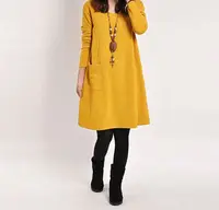 

Autumn Winter Women Long Sleeve Pocket Dress Ladies Casual Loose Solid V Neck Dresses