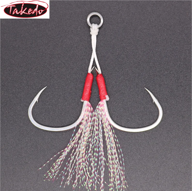 

TAKEDO Custom High Carbon Steel Trout 1/0 2/0 3/0 Double Hook Slow Jigging Assist Feather Fishing Hook, Natural