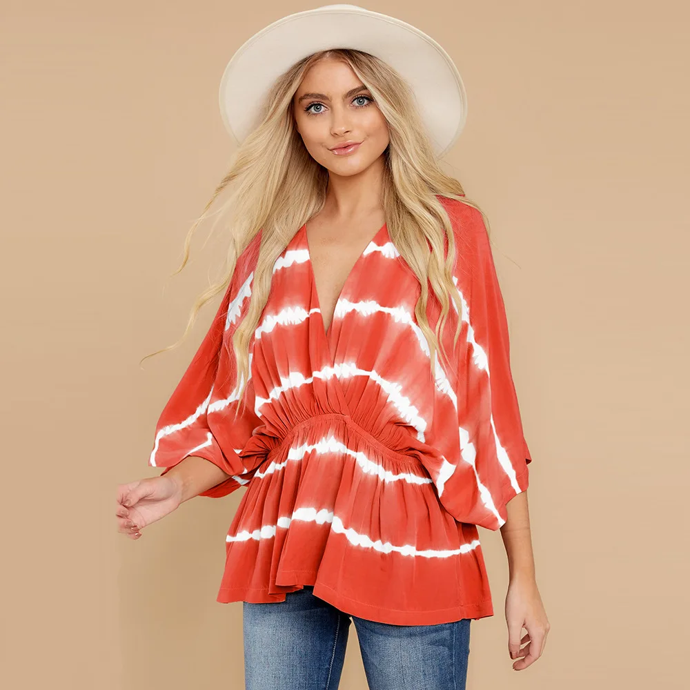 

Bohemia Summer Spring V-neck Batwing Sleeve Loose T-shirt Tie-dye Stitching Beach Style Elastic Belt Pullover T-shirt Tops, As shown