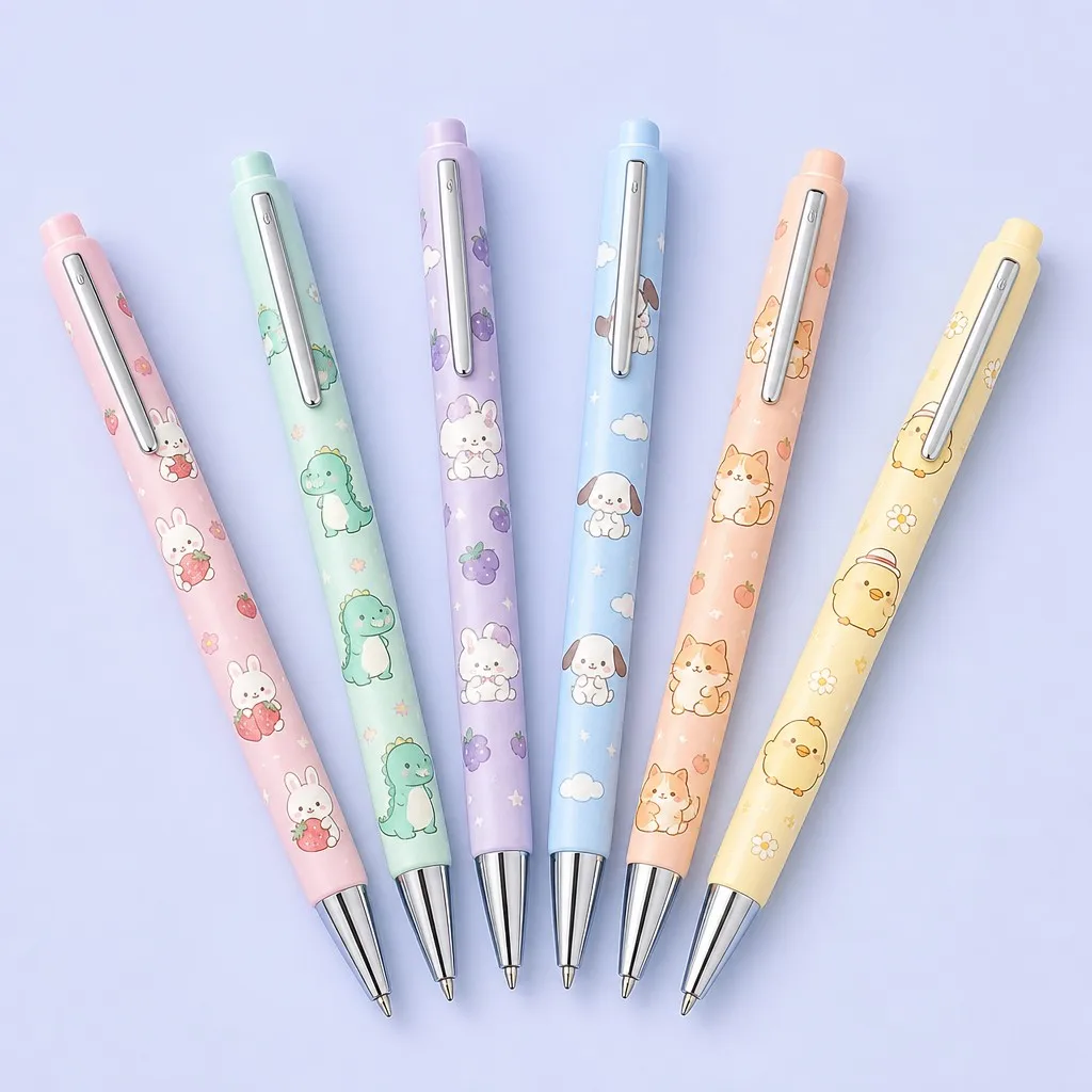 Six pastel ballpoint pens arranged in a fan shape