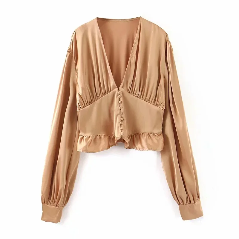

Woman blouse 2019 long sleeves retro ruffled lantern sleeve top blouse
