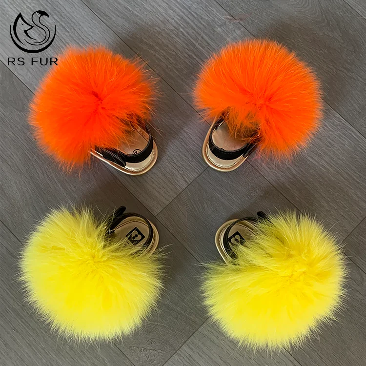 

Custom color big real fluffy fur ball pom pom fox sandals racoon mommy and kids fur flats furry toddler baby kids fur slides, Pink,yellow,white,black,green,or custom