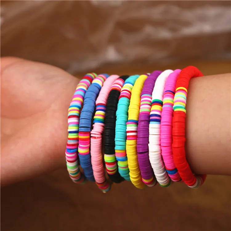 

Bohemia Handmade Beach Colored Stretch Soft Polymer Clay Disc Beaded Boho String Bracelets Set, Colors