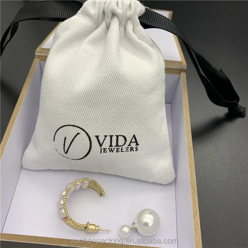 

Custom Printed Small White Cotton Earring Jewelry Gift Pouch With Grosgrain Ribbon