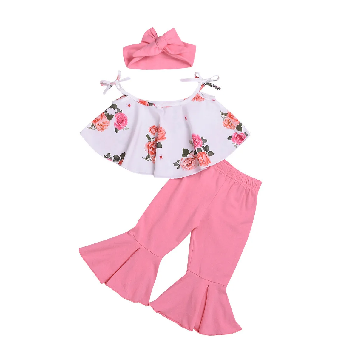 

Mysweeby custom summer new arrival girl kids clothes floral top solid bell-bottoms headband 3pcs kids girls flare pants set, Picture show