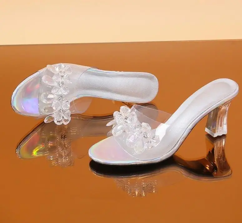 

2021 new clear sequins high heel female sandals rhinestone flower crystal women's fashion sandals slippers for ladies
