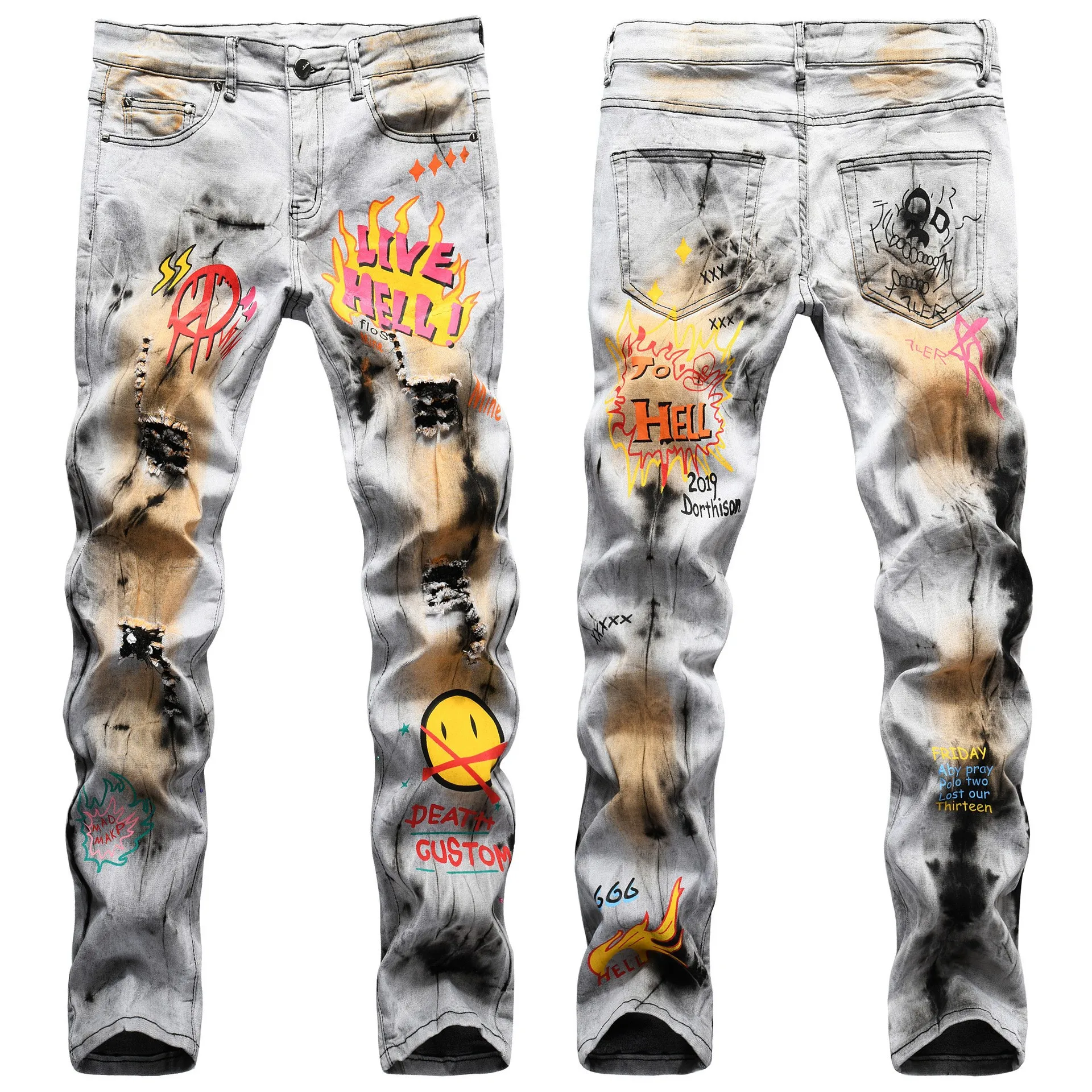 

2022 OEM men jeans pants Quality pants for men Printed ripped jeans, Blue