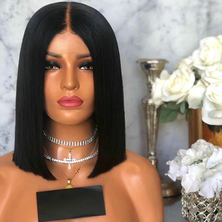 

Single Knot Factory Price Human Hair Middle Part Lace Front Wigs With Baby Hair Short Bob Wig For Sale
